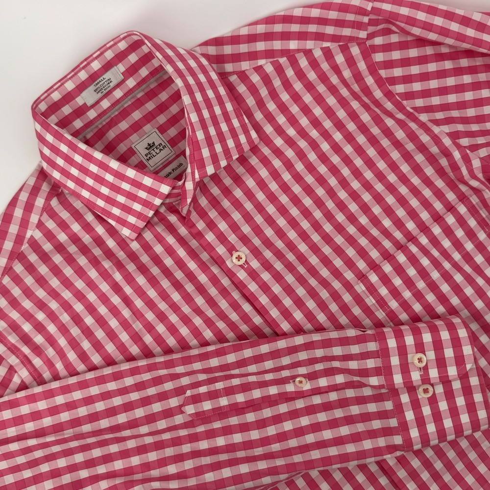Peter Millar Seaside Finish Pink Gingham Cotton Button Down Shirt Mens Small